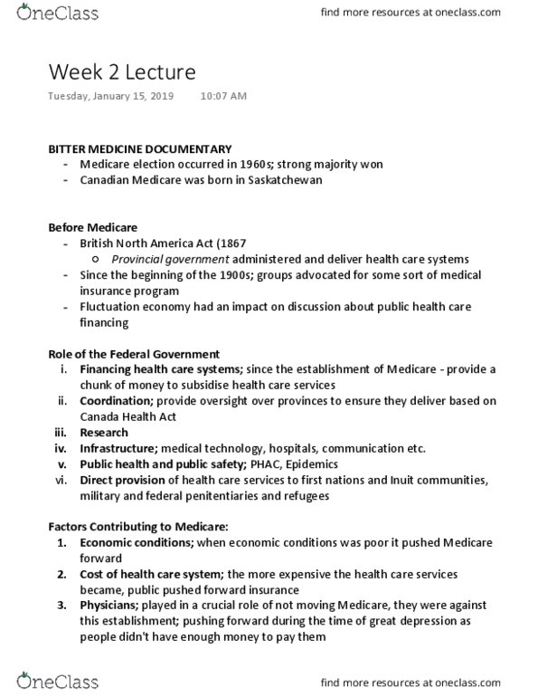 HLTH245 Lecture Notes - Lecture 2: Centers For Medicare And Medicaid Services, Canada Health Act, Public Health thumbnail