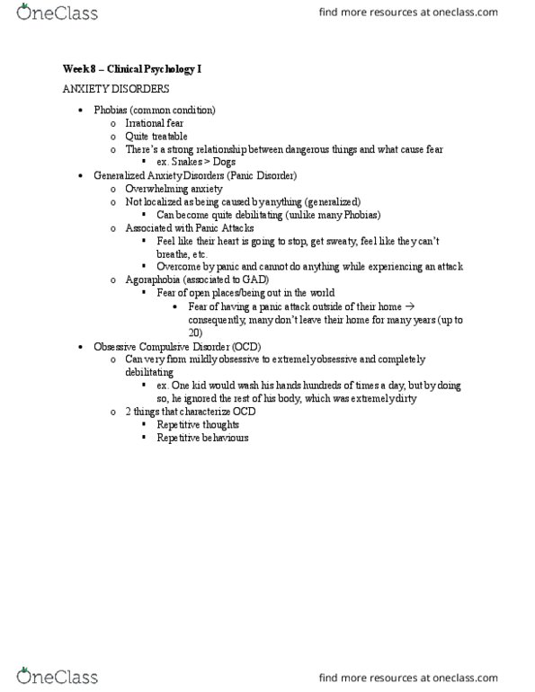 PSYCH101 Lecture Notes - Lecture 8: Obsessive–Compulsive Disorder, Panic Attack, Panic Disorder thumbnail