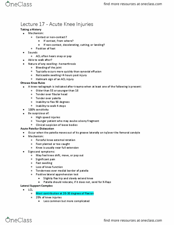 Kinesiology 2236A/B Lecture Notes - Lecture 17: Lower Extremity Of Femur, Hemarthrosis, Patella thumbnail