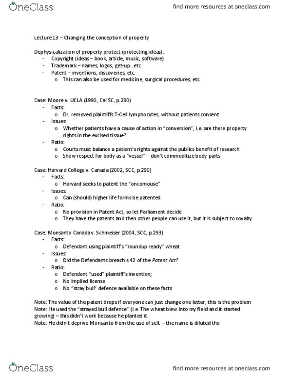 LAWS 2201 Lecture Notes - Lecture 13: Oncomouse, Glyphosate, Implied License thumbnail