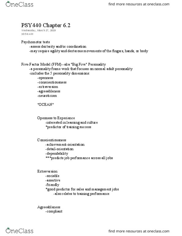 PSY 440 Chapter Notes - Chapter 6.2: Extraversion And Introversion, Conscientiousness, Job Performance thumbnail