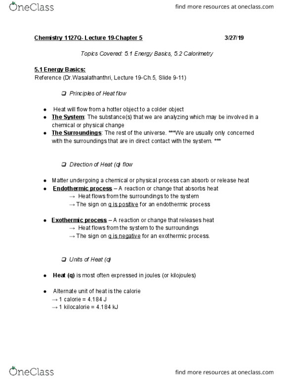 CHEM 1127Q Lecture Notes - Lecture 19: Endothermic Process, Calorimetry, Calorie cover image