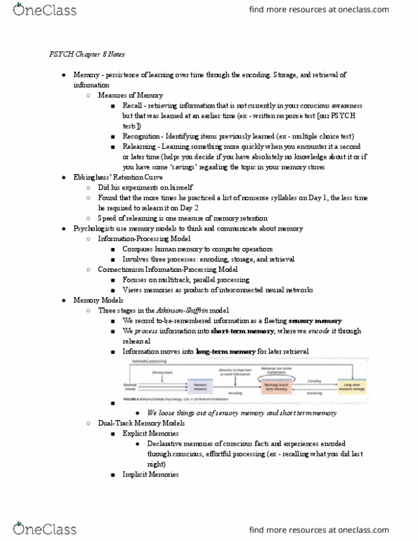 PSYC 103 Chapter Notes - Chapter 8: Sensory Memory, Explicit Memory, Connectionism thumbnail