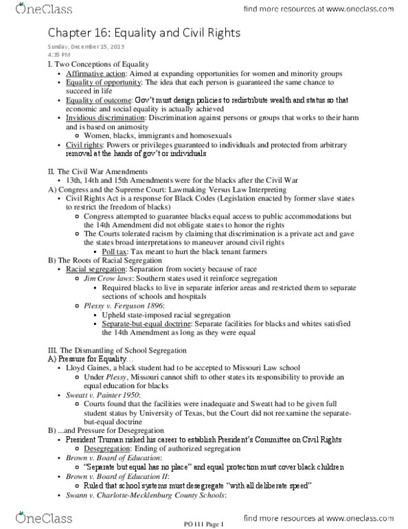 CAS PO 111 Chapter Notes - Chapter 16: Reverse Discrimination, Jim Crow Laws, Voting Rights Act Of 1965 thumbnail