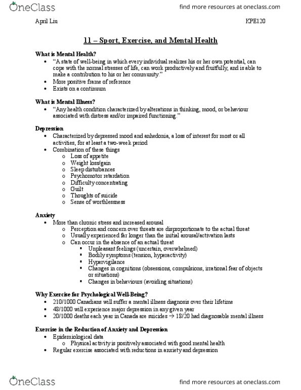 KPE120H1 Lecture Notes - Lecture 11: Psychomotor Retardation, Hypervigilance, Avoidance Coping thumbnail