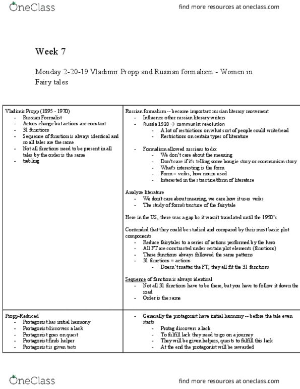 RUSSIAN 50 Lecture Notes - Lecture 10: Vladimir Propp, Russian Formalism, The Sequence thumbnail