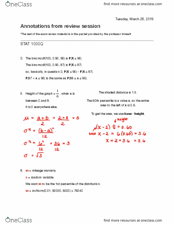 STAT 1000Q Lecture Notes - Lecture 19: Random Variable, Standard Deviation cover image