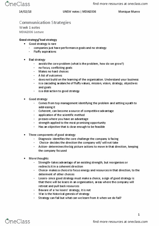 MDIA2006 Lecture Notes - Lecture 1: University Of New South Wales, Scientific Method, Strategic Thinking thumbnail