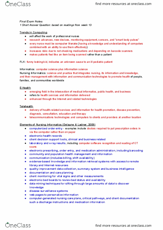 NURS 200 Lecture Notes - Lecture 12: Health Informatics, Electronic Prescribing, Clinical Pathway thumbnail