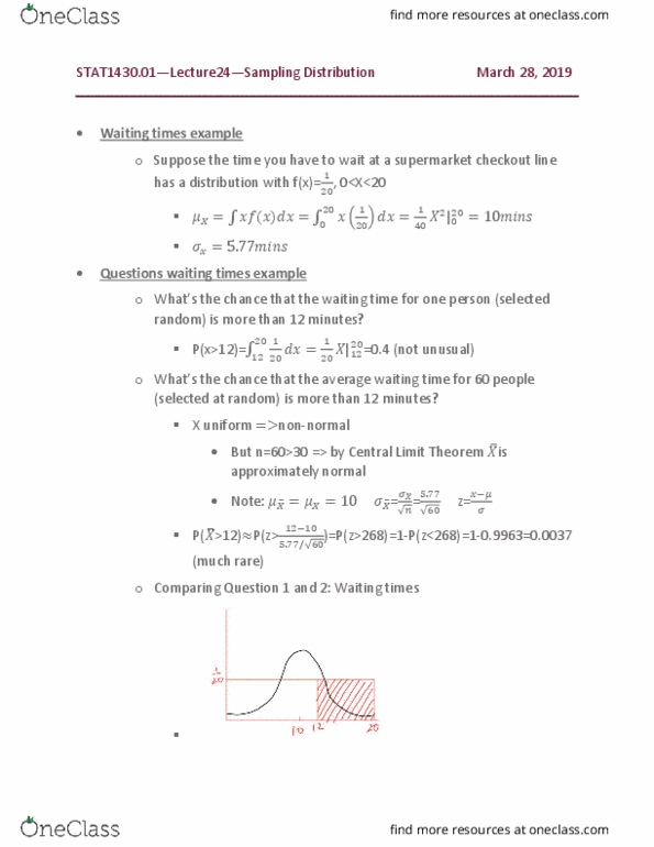STAT 1430 Lecture Notes - Lecture 24: Central Limit Theorem, Confidence Interval, Standard Deviation cover image