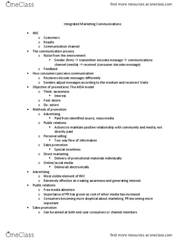 MARK 3000 Lecture Notes - Lecture 18: Integrated Marketing Communications, Channel (Communications), Sales Promotion thumbnail