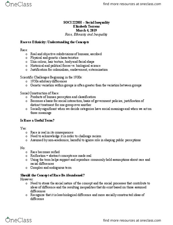 SOCI 2220H Lecture Notes - Lecture 6: Genetic Variation, Social Inequality, Ethnic Group thumbnail