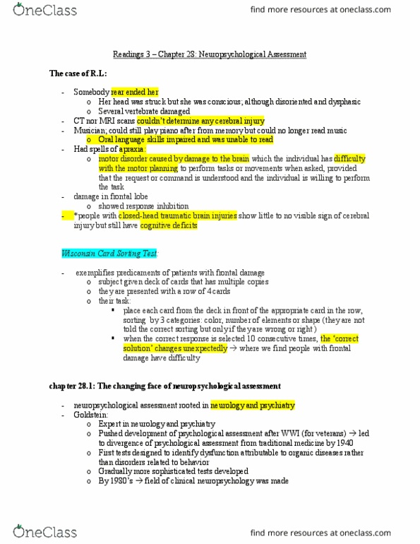 PSYCH 2NF3 Chapter Notes - Chapter 28: Neuropsychological Assessment, Closed Head Injury, Frontal Lobe thumbnail