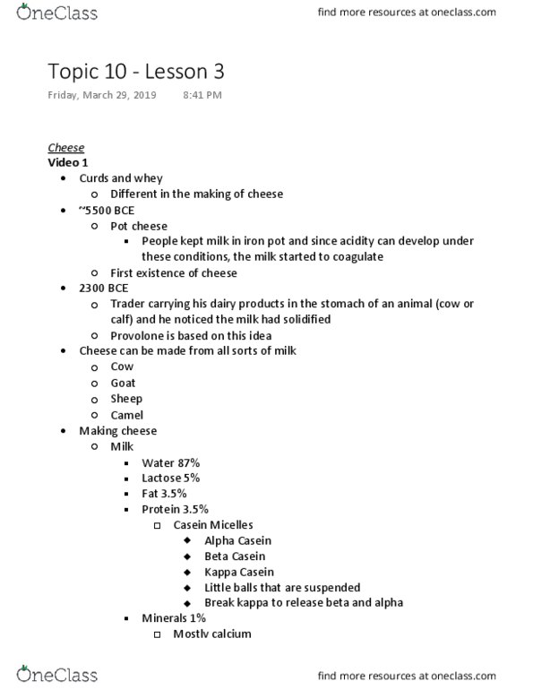 CHEM 181 Lecture Notes - Lecture 28: Cheese Curd, Provolone, Cottage Cheese thumbnail