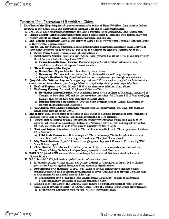 HIST 218 Lecture Notes - Lecture 1: Yuan Shikai, Revive China Society, May Fourth Movement thumbnail