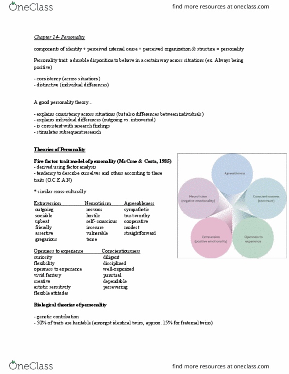 Psychology 1000 Chapter Notes - Chapter 14: Twin, Trait Theory, Factor Analysis thumbnail