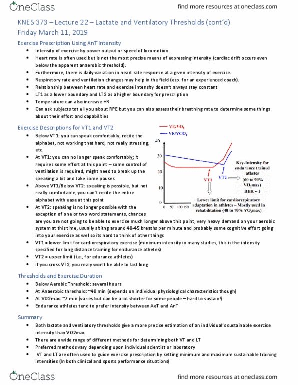 KNES 373 Lecture Notes - Lecture 22: Lactate Threshold, Exercise Prescription, Exercise Intensity thumbnail