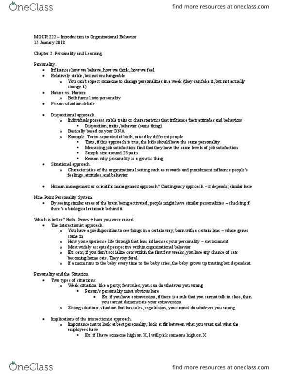 MGCR 222 Lecture Notes - Lecture 13: Job Satisfaction, Scientific Management, Sample Size Determination thumbnail