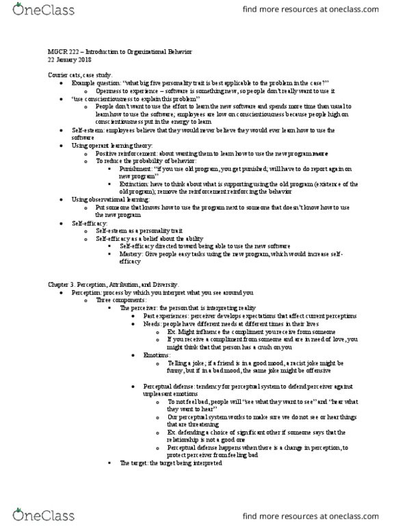 MGCR 222 Lecture Notes - Lecture 6: Reinforcement, Social Perception, Trait Theory thumbnail