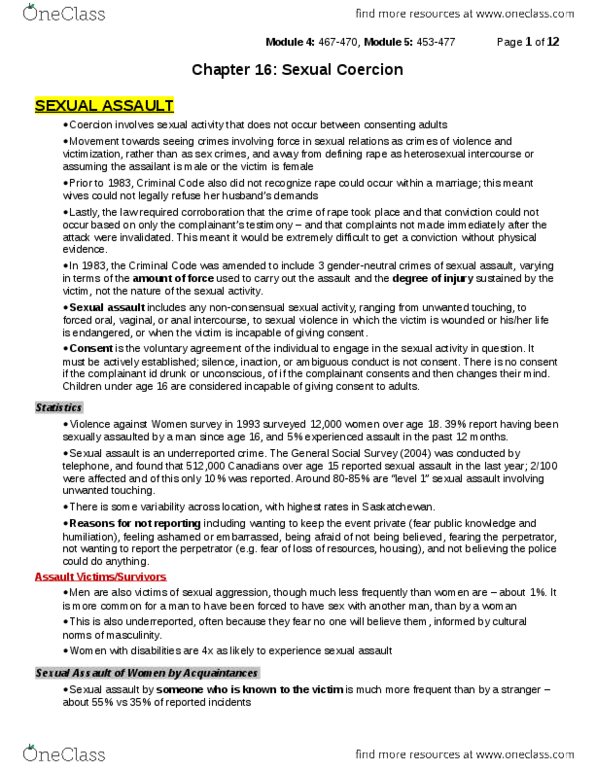 PSYC 333 Chapter Notes - Chapter 16: Sexual Assault, Sexual Coercion, Sexual Script Theory thumbnail
