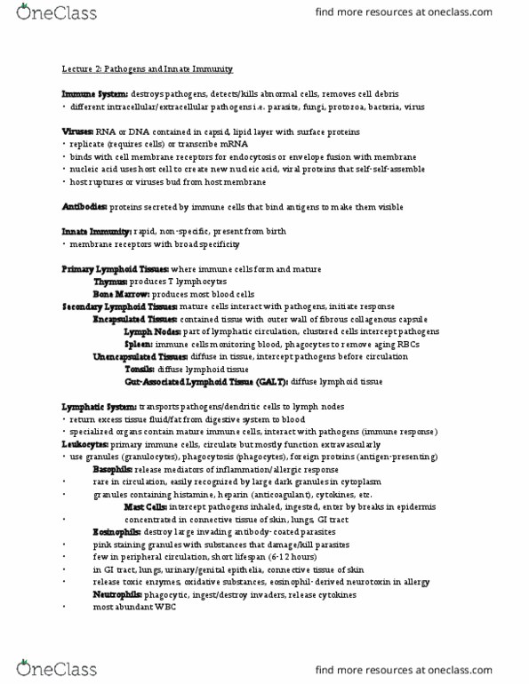 PSL301H1 Lecture Notes - Lecture 2: Mast Cell, Antigen Presentation, Phagocyte thumbnail