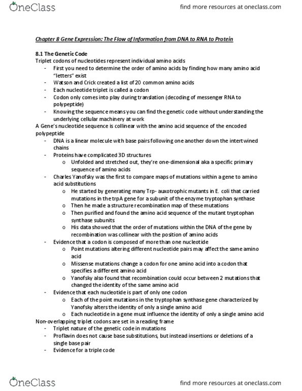 BIOL 3301 Chapter Notes - Chapter 8: Tryptophan Synthase, Proflavine, Messenger Rna thumbnail