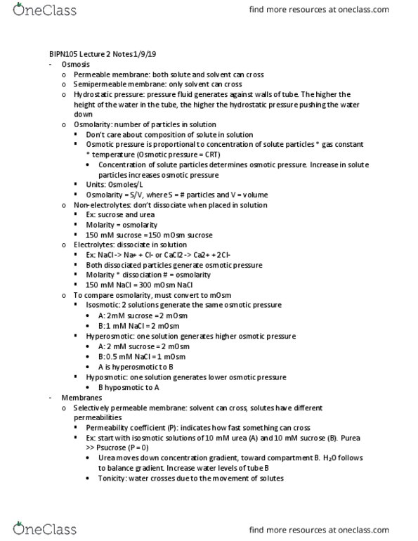 BIPN 105 Lecture Notes - Lecture 2: Hydrostatics, Semipermeable Membrane, Osmotic Concentration thumbnail