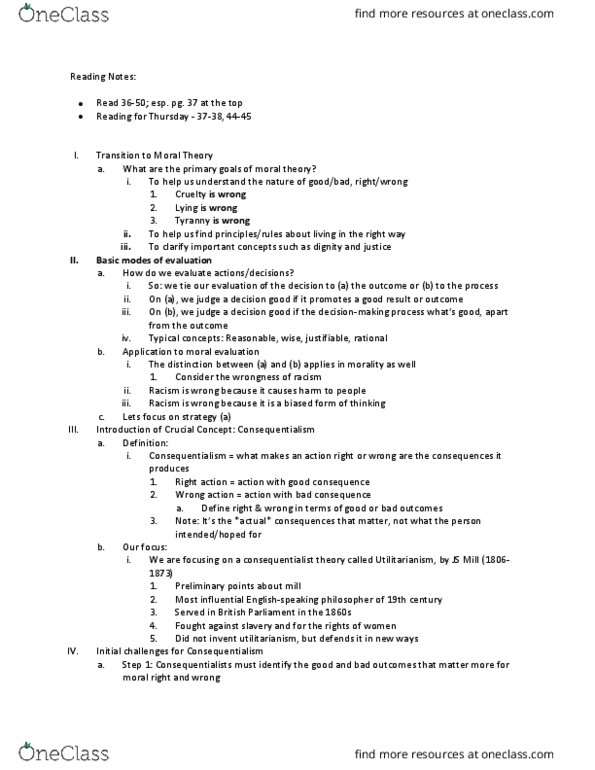 PHIL 230 Lecture Notes - Lecture 8: John Stuart Mill, Consequentialism thumbnail