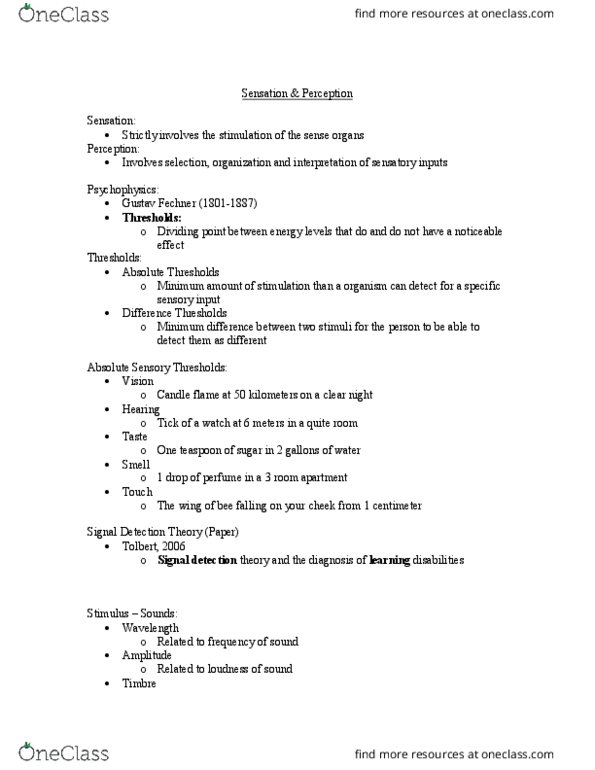 PSYC 100 Lecture Notes - Lecture 4: Detection Theory, Gustav Fechner, Psychophysics thumbnail