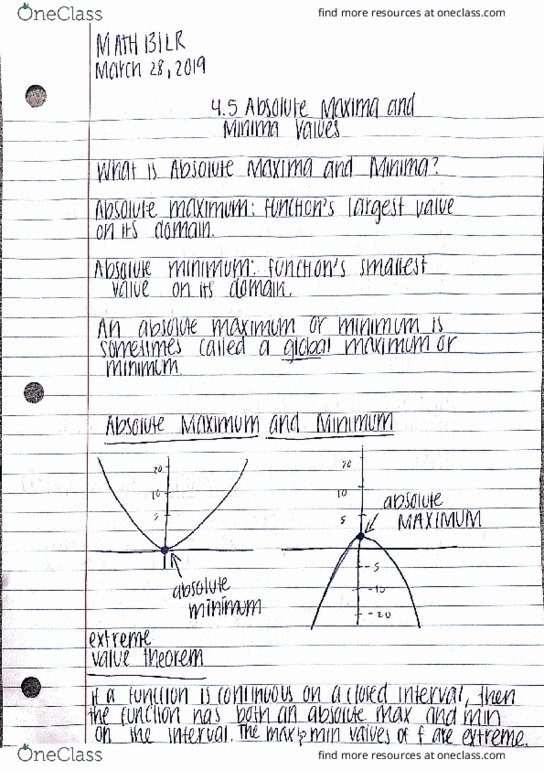 MTH 131LR Lecture 18: Absolute Maxima and Minima Values cover image