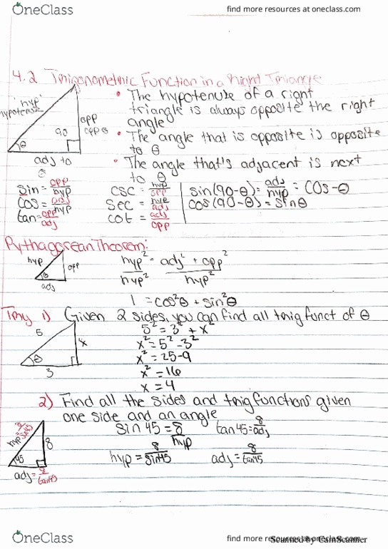 MATH 1060Q Lecture 20: Sect. 4.3 Trigonometric Functions and a Right Triangle cover image