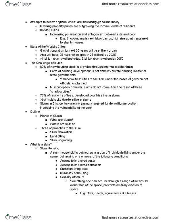 01:450:250 Lecture Notes - Lecture 15: Slum Upgrading, Improved Sanitation, Land Titling thumbnail