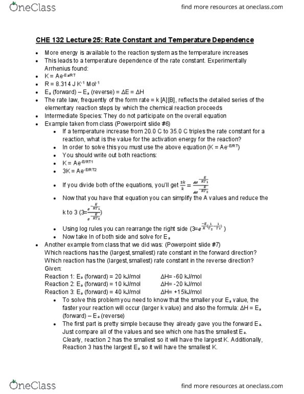 CHE 132 Lecture Notes - Lecture 28: Ert2, Ert1, Reaction Rate Constant cover image