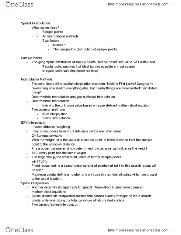 GEO 481 Lecture Notes - Lecture 8: Spline Interpolation, Inverse Distance Weighting, Multivariate Interpolation thumbnail