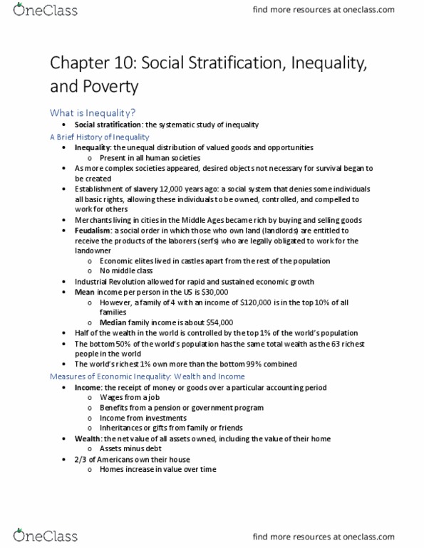 SOC 1300 Chapter Notes - Chapter 10: Social Stratification, Economic Inequality, Feudalism thumbnail
