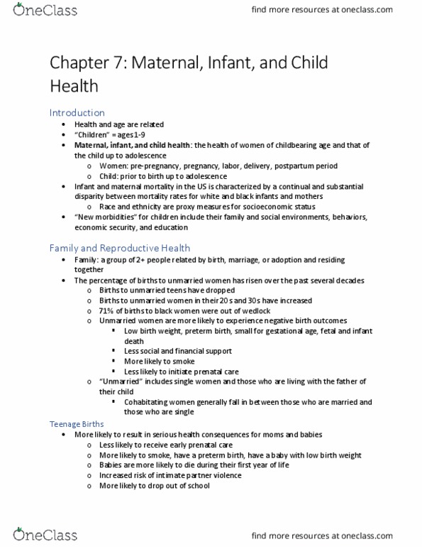 HLT 3381 Chapter Notes - Chapter 7: Low Birth Weight, Preterm Birth, Maternal Health thumbnail