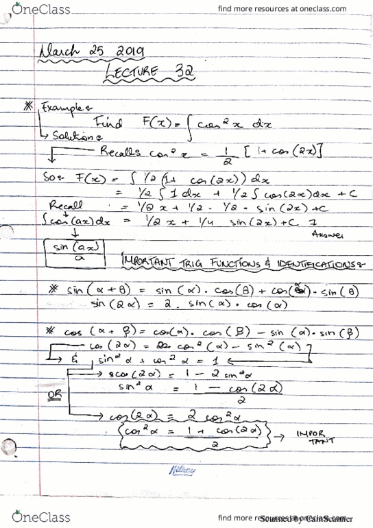 MATH 265 Lecture 32: Important Trigonometric Integrals cover image