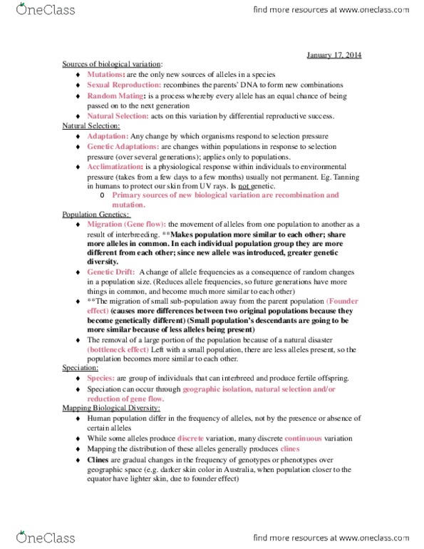 ANTHR101 Lecture Notes - Speciation, Genetic Recombination thumbnail