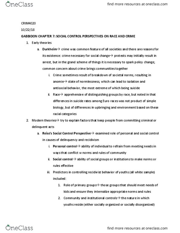 CRIM 4020 Chapter Notes - Chapter 7: Social Control Theory, Social Control, Anomie thumbnail