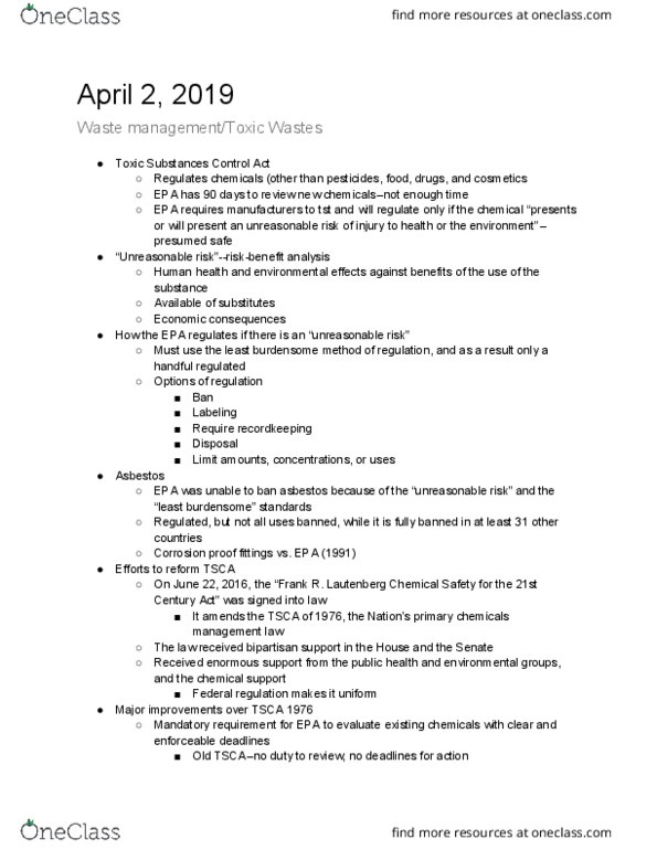 ENSP 102 Lecture Notes - Lecture 15: Toxic Substances Control Act Of 1976, Climate Solutions Caucus, Ocean Acidification thumbnail