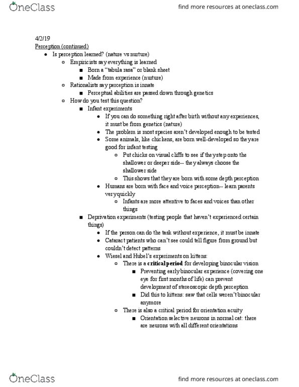PSYC 1100 Lecture Notes - Lecture 21: Tabula Rasa, Depth Perception cover image