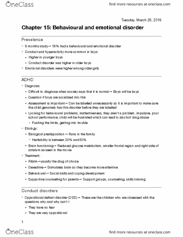 PSY 3171 Lecture Notes - Lecture 14: Emotional And Behavioral Disorders, Dextroamphetamine, Conduct Disorder thumbnail