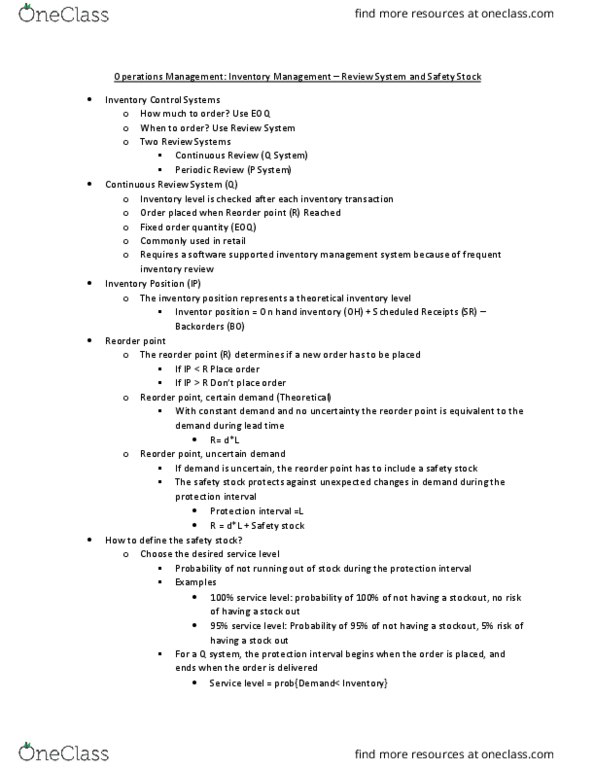 MAN3504 Lecture Notes - Lecture 10: Safety Stock, Operations Management, Stockout thumbnail