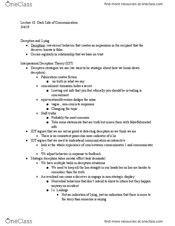 CMN 120 Lecture Notes - Lecture 10: Interpersonal Deception Theory, Lie, Emotional Affair thumbnail