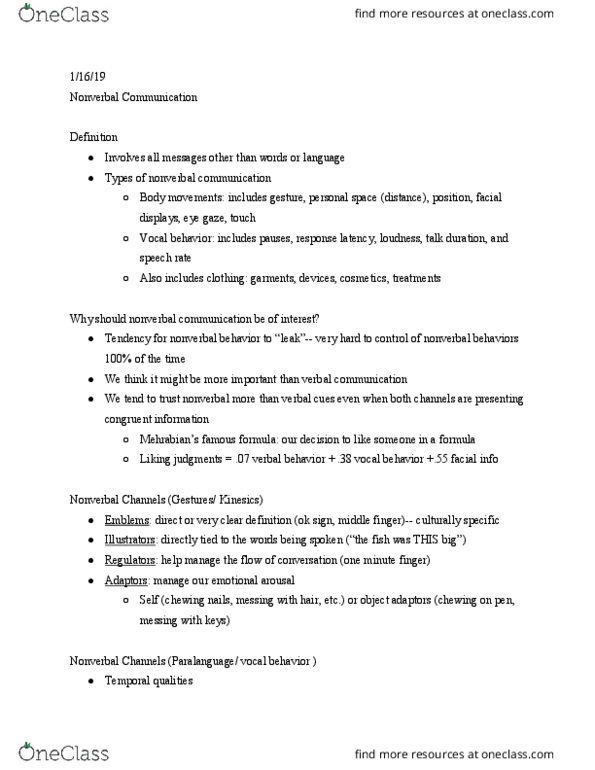 CMN 120 Lecture Notes - Lecture 3: Nonverbal Communication, Paralanguage, Kinesics thumbnail