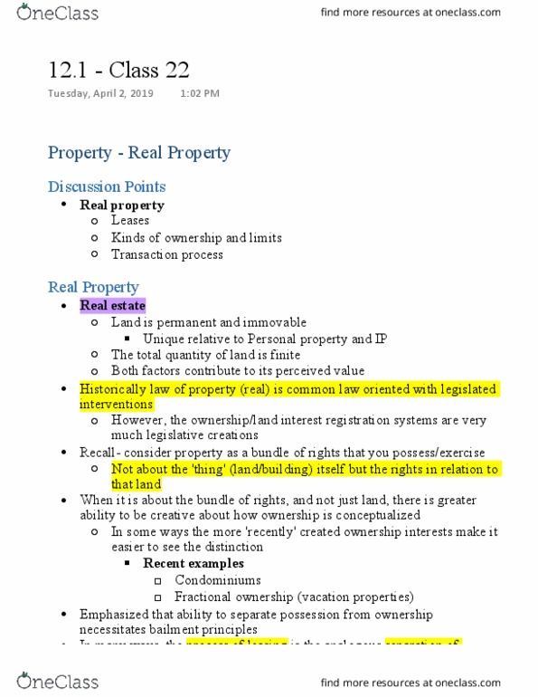 LS283 Lecture Notes - Lecture 22: Fractional Ownership, Land Registration, Bailment thumbnail