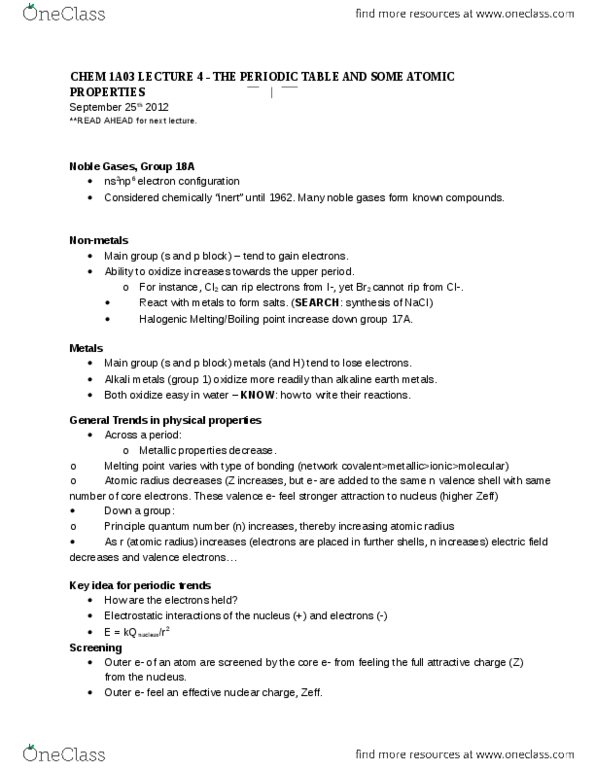 CHEM 1AA3 Lecture Notes - Lecture 4: Effective Nuclear Charge, Ionic Radius, Alkali Metal thumbnail