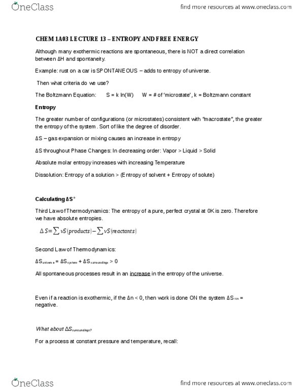 CHEM 1AA3 Lecture Notes - Lecture 13: Boltzmann Equation, Boltzmann Constant, Thermodynamics thumbnail