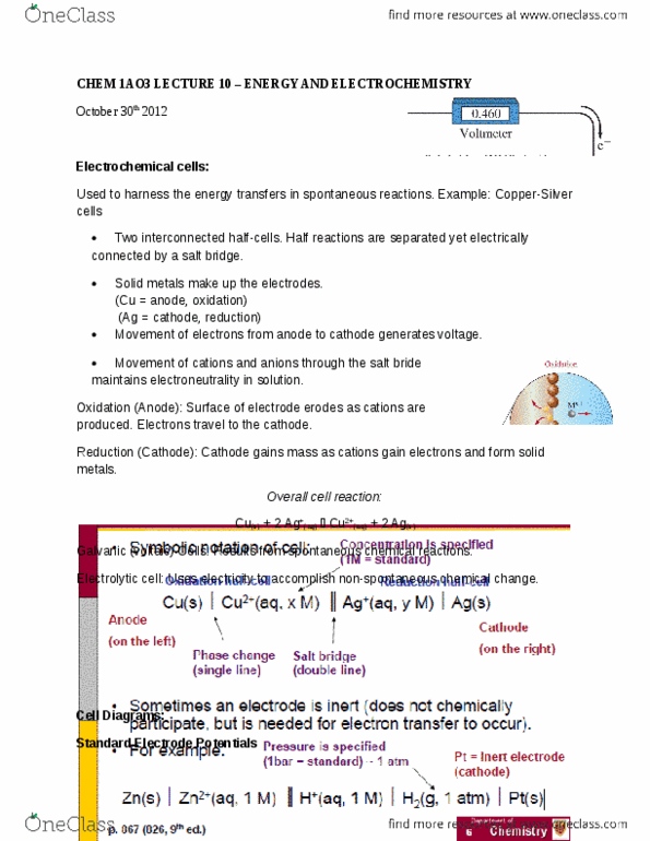 CHEM 1AA3 Lecture Notes - Lecture 10: Standard Hydrogen Electrode, Electromotive Force, Faraday Constant thumbnail