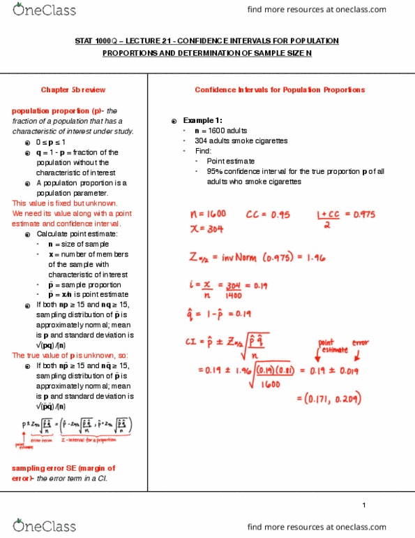 STAT 1000Q Lecture Notes - Lecture 21: Point Estimation, Standard Deviation, Statistical Parameter thumbnail